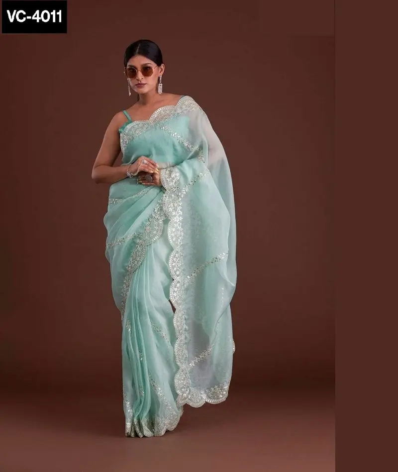Mulheres Desgaste Pesado Organza Seda Saree com Belo Bordados Sequência trabalho e Fantasia corte Trabalho Fronteira Sari com Blusa para As Mulheres