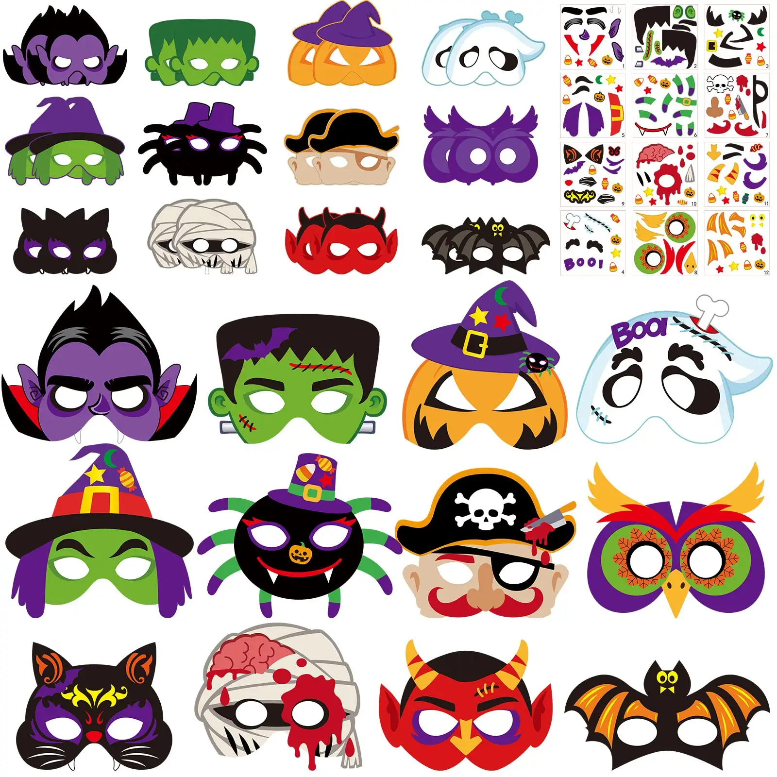 Halloween Mask Craft Kit Pumpkin Witch Bat Spider Pirate Halloween DIY Halloween Paper Mask for Party Kids Activities Supplies