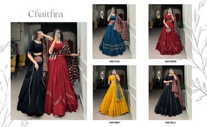 デザイナーシルクLehengaラブリープリントとホイル作品Lehenga NAVARATRIコレクションゴールデンカラー2025年のリッチルック - Product Image 4