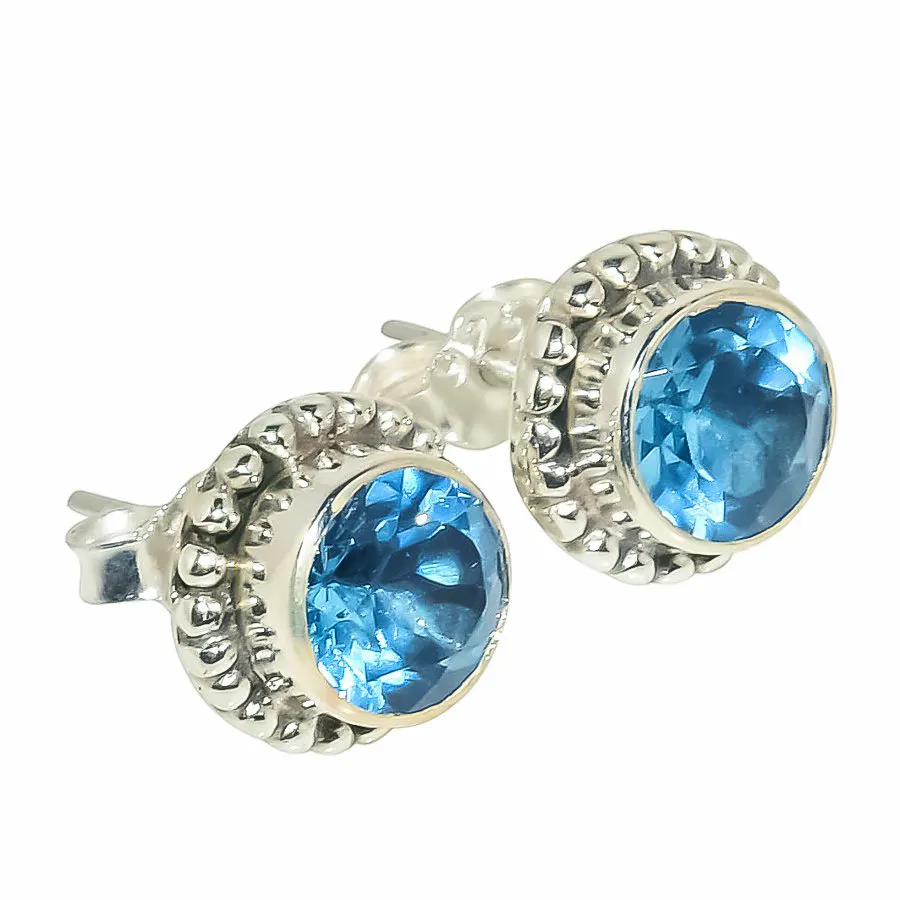 Boucles d'oreilles en pierre de topaze bleue en argent sterling pur 925 pour femmes