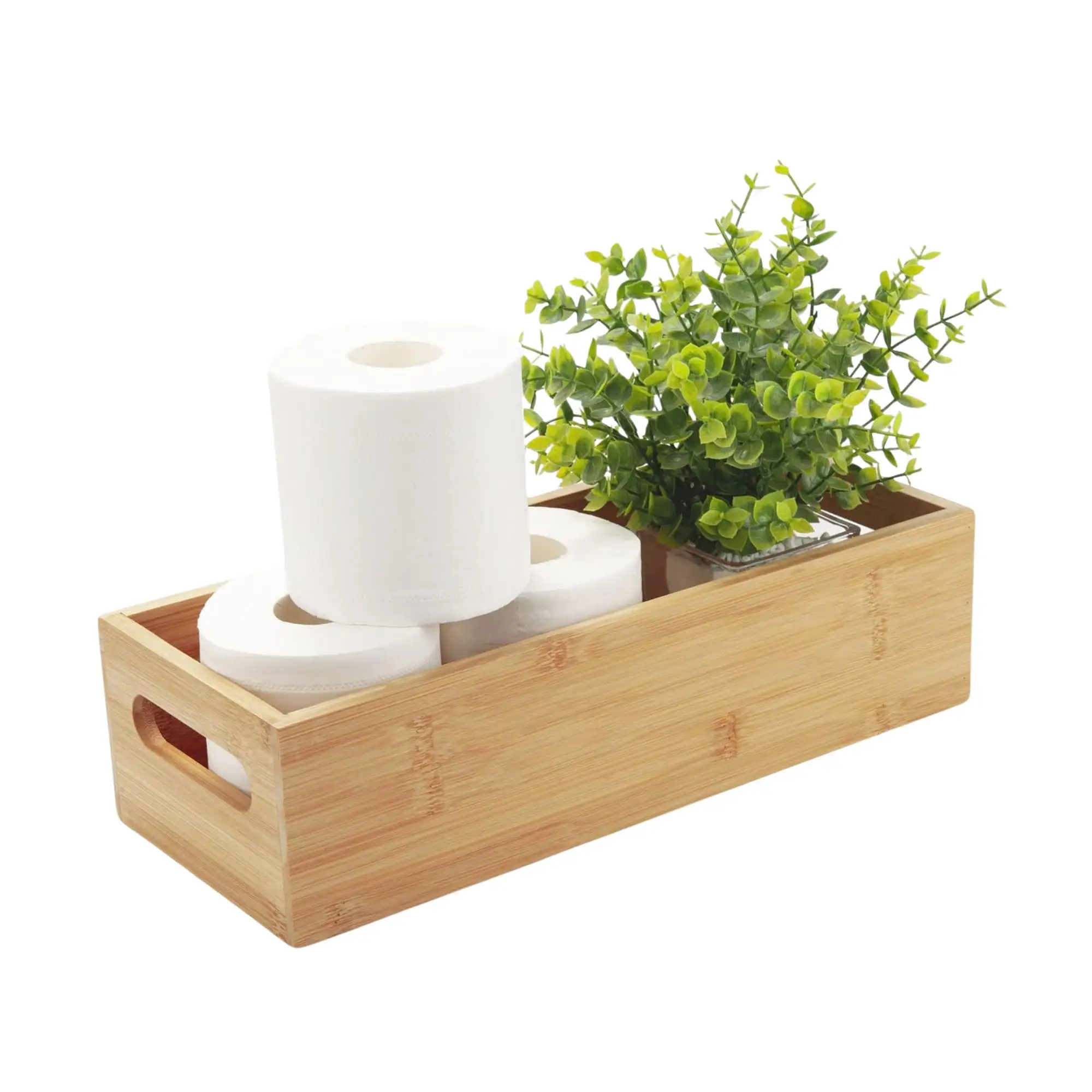 Harga grosir keranjang kertas Toilet bambu dengan pegangan: tempat baki kertas Toilet alami, nampan Organizer kayu