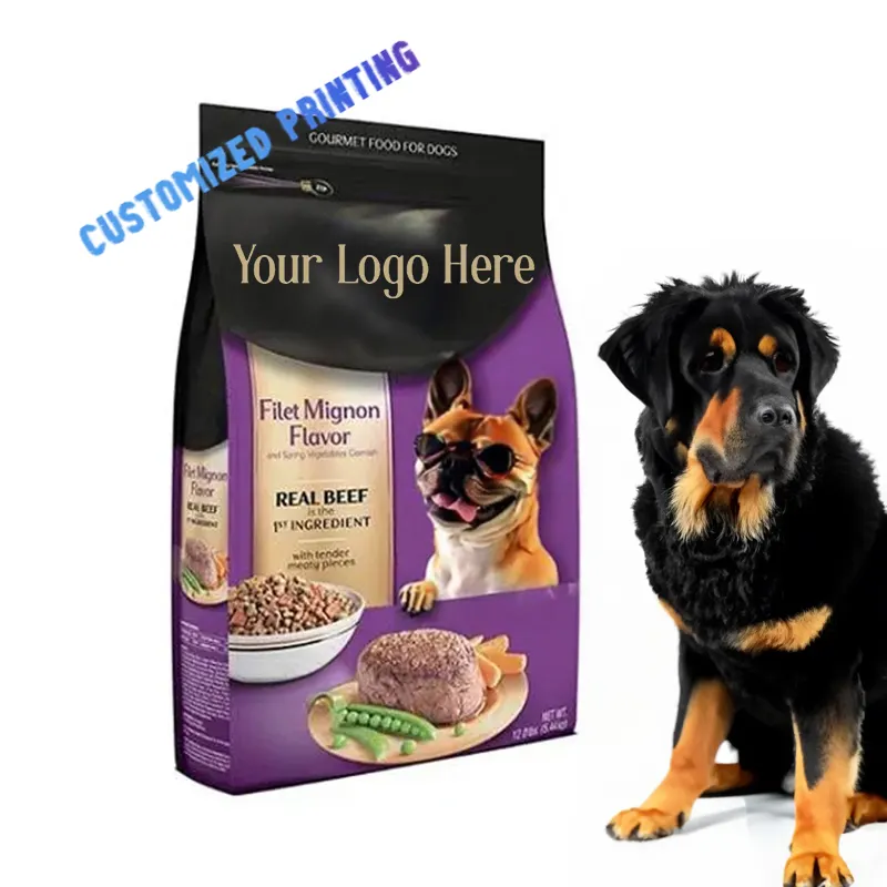 Ayakta duran torba isı mühür düz alt açılıp kapanabilir Pet gıda ambalaj 15kg 20 kg / 40 lb yan körüklü çanta köpek Pet gıda ambalaj çantası