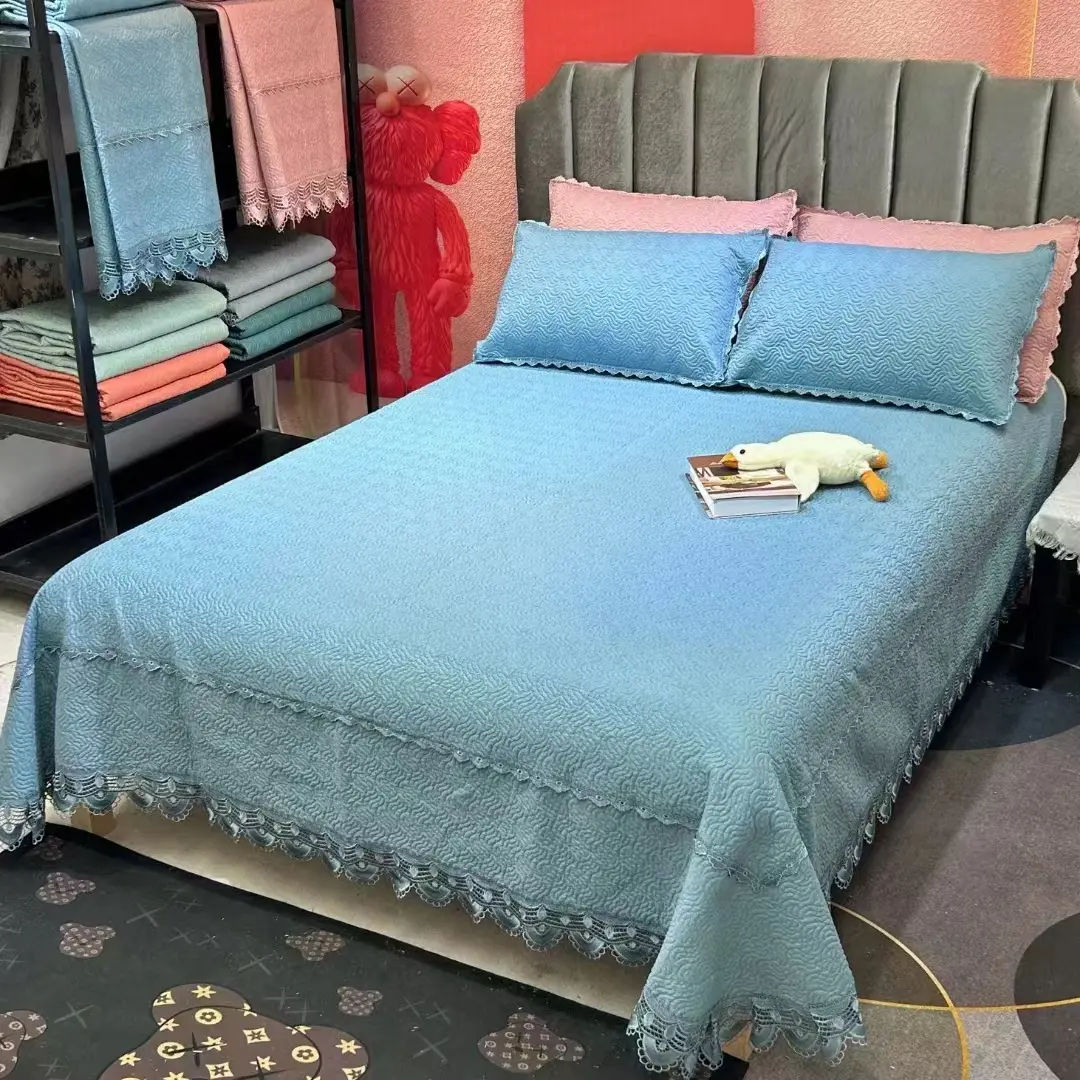 Capa de cama acolchoada de 3 peças SP70 de algodão puro, lençóis largos de 3 metros, conjunto de 3 peças de cor sólida