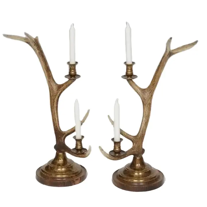 Solid metal 2 braço castiçais par menor Red Deer Antlers vela copos base bronze antigo Candle Holder Stand Para o Natal