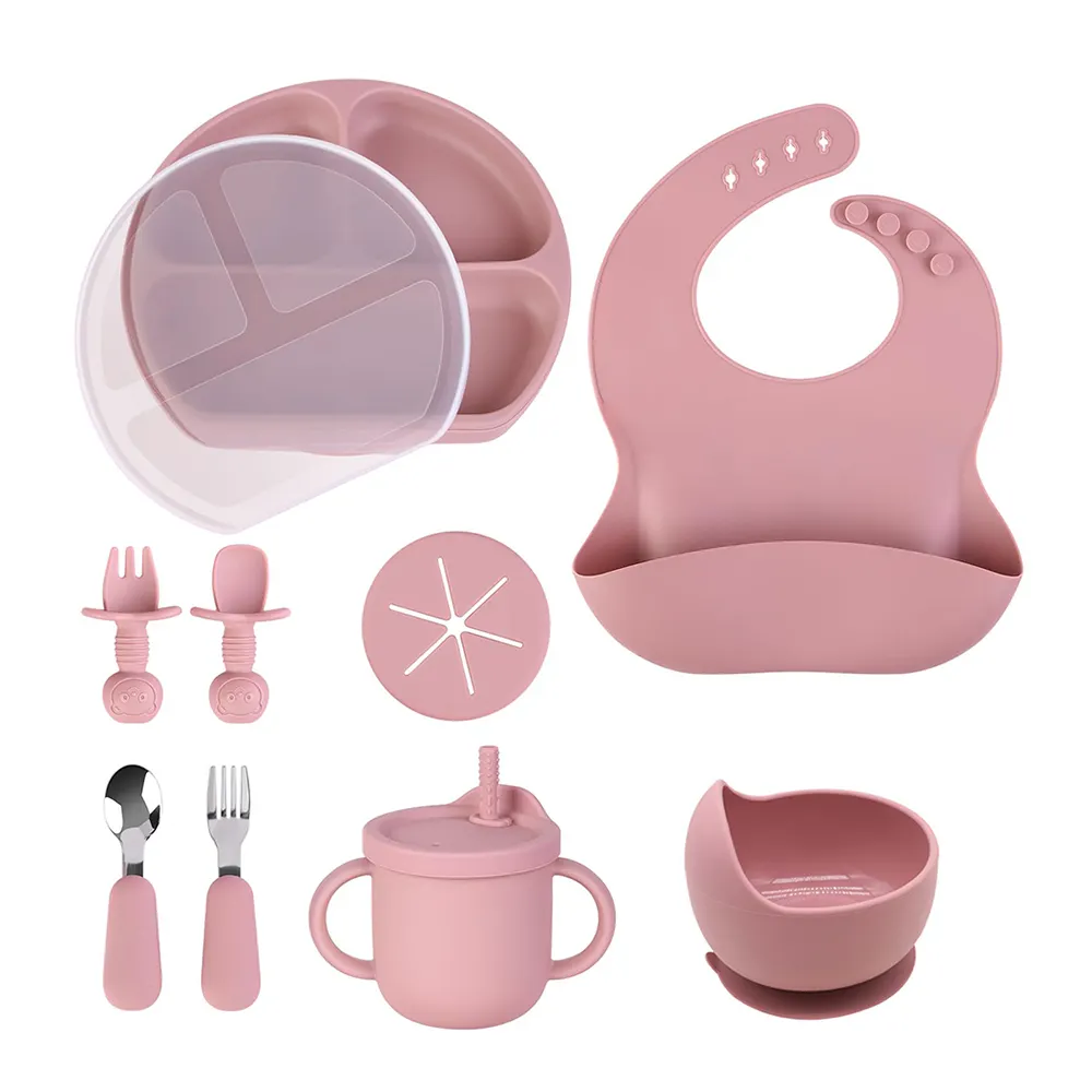 6 in 1 Baby Produkte Silikon Tischdecke Teller Schüssel Löffel Gabel Schlürfbecher Geschirr Silikon Babyküchen-Sets Babyküchen-Set
