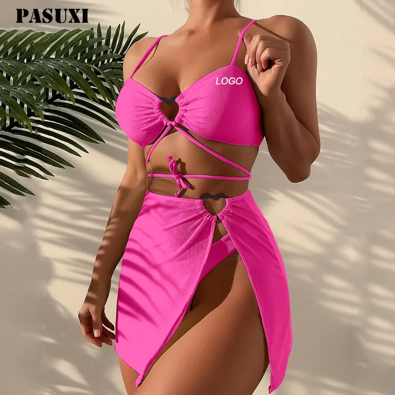 PASUXI Personalizado 2024 Novo 3 Peças Swimwear Sheer Dress Mulheres Triângulo Top High Rise Bikini Plus Size Swimsuit Set