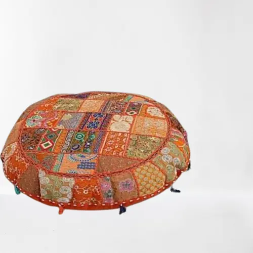Tela de algodón natural hecha a mano con bordado indio, Fundas de cojín de retazos redondas bohemias con cremallera para decoración del hogar