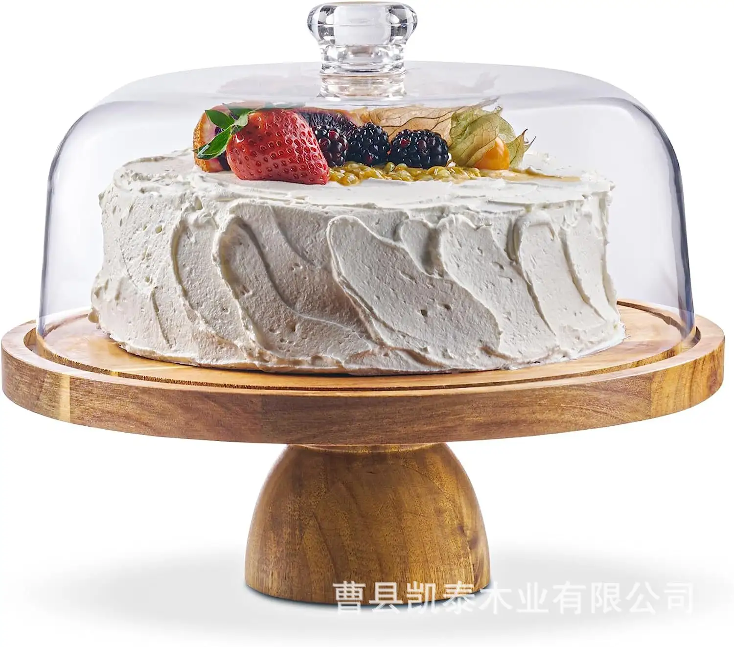 CT78 baki tampilan kue, dudukan Server untuk kue dapur dengan kayu dengan dasar bening akrilik tutup kubah meja putar dudukan kue