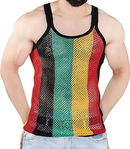 Mash <strong>Rasta</strong> Men's Vest Mesh Fishnet Shirts Jamaican Marina Fitted Striped Adults Sport Tank Top Suitable - Product Image 5