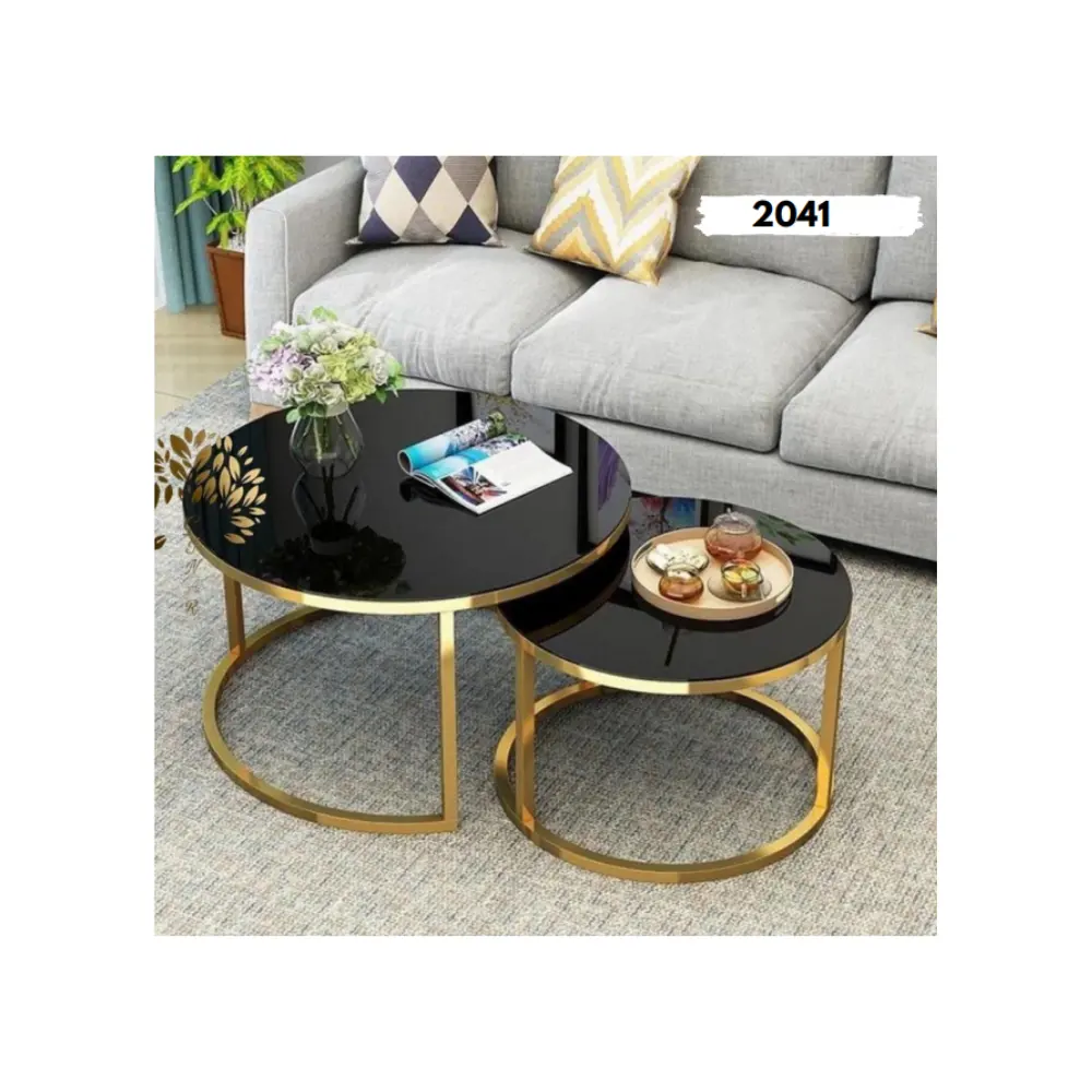 Mesa de centro e mesa lateral em vidro preto, metal dourado, 1 + 1, móveis para sala de estar, novo design, design simples, mais vendidos, feita na Turquia