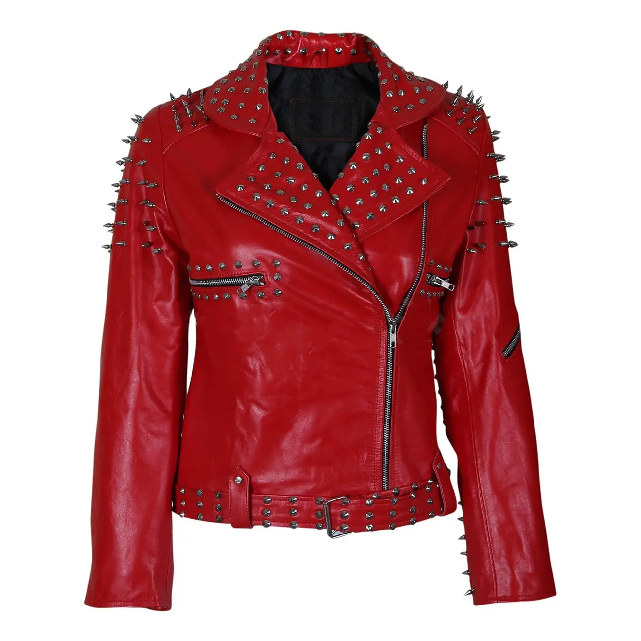 high quality sheep leather Belted leather jacket with cone spikes Silver tree spike studs on the shoulders Quilted black lining