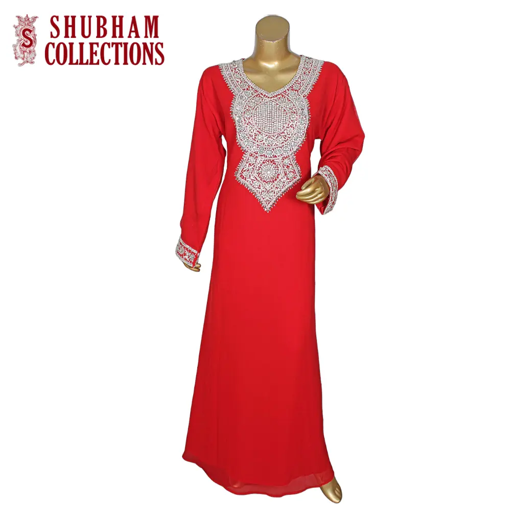 Hot Premium Color rojo bordado Diseño marroquí Abaya Kaftan vestidos para Dubai étnico mujeres ropa vestido