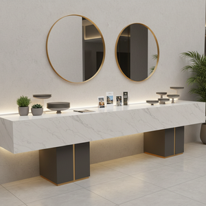 Tùy chỉnh sang trọng hiện đại calacatta trắng da kết cấu thiết kế thạch anh lớn slab Countertop cho khách sạn Vanity đầu bảng hàng đầu - Product Image 6