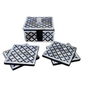 Otantik tasarımcı ev dekor Set ahşap bardak kemik kakma ile 4 adet zeytin mavi masa Mat/Pad ile tutucu taş - Product Image 1