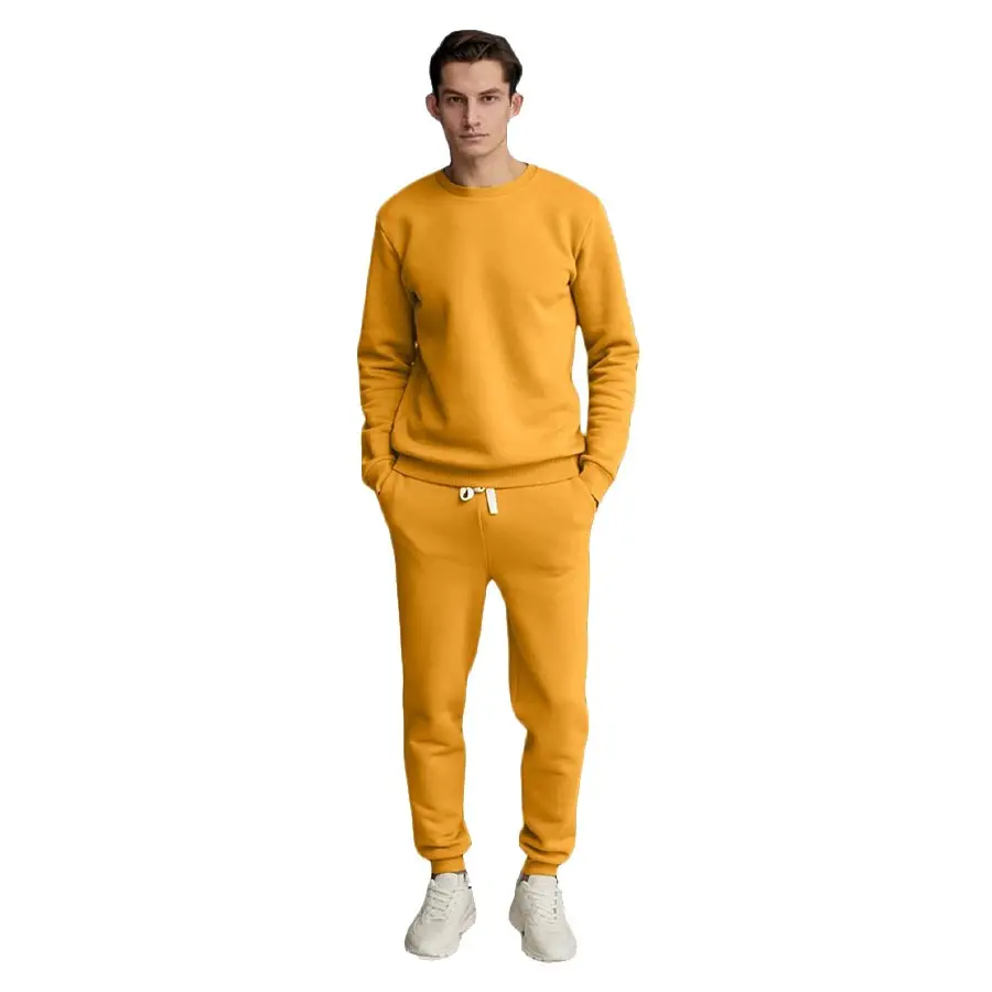Top Quality Men Yellow Color Cotton Fleece Crewneck Sweat Suit Set For Sale Men Blank Casual Tracksuit Set By Vital Fashion