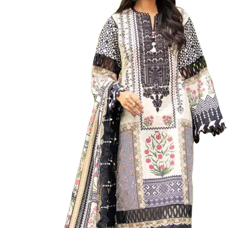 Salwar Kameez Anzug Designer Indisch Pakistani sch Hit Design Hals Bestickt Bedrucktes Kleid Rasen Kurti Kollektion