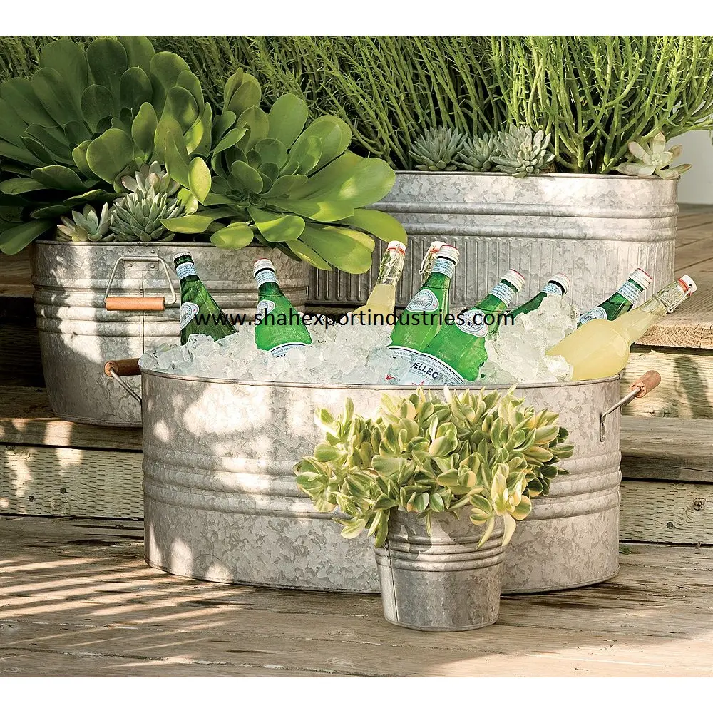 Prezzi all'ingrosso in metallo fioriera vasca zincato secchi giardino vaso & fioriera per la casa e giardino decorativo per bevande vasca