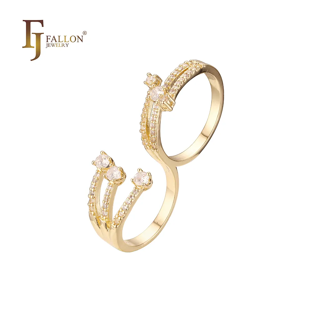 53201914 FJ Fallon joyería de moda Anillos de Compromiso de solitario doble piedras Pavin chapadas en latón de oro de 14 quilates