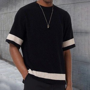 ビンテージパッチワークストライプニットTシャツ男性用夏レジャーOネック半袖ニットTシャツ男性用毎日カジュアル通気性トップス - Product Image 4