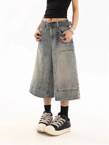 女式高腰七分裤夏季Capris酷女直筒长裤宽松宽腿小腿长裤牛仔短裤 - Product Image 3