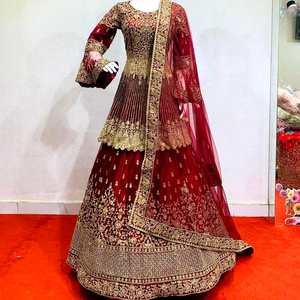 Exclusive Luxurious Wedding Ensemble Net <strong>Short</strong> Trail Cut Lehenga All-Over Jarkan Stone Work Heavy Flair Dressed Elegant Fabric - Product Image 1