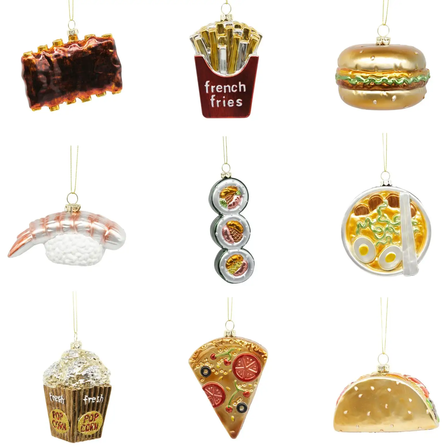 Bestseller Lustige Sushi Hamburger Pizza Glas Weihnachts baum Ball Party Anpassbare Weihnachts handwerk liefert Dekoration Lebensmittel Ornament