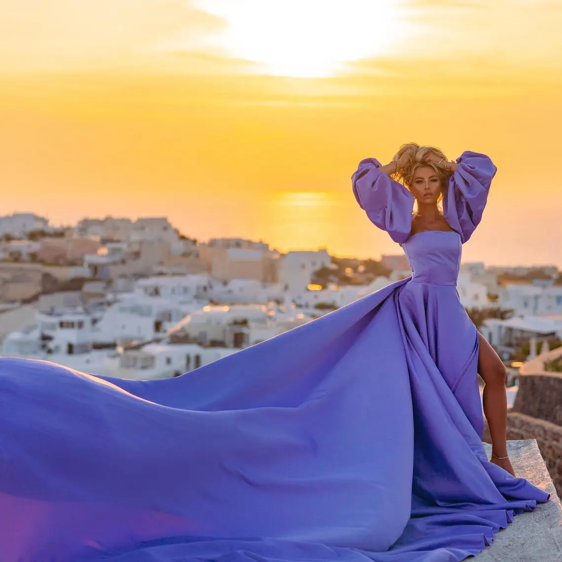 Santorini Photoshoot Dress | Corset Style Flowy Long Train Photoshoot Dress with Detachable Sleeves