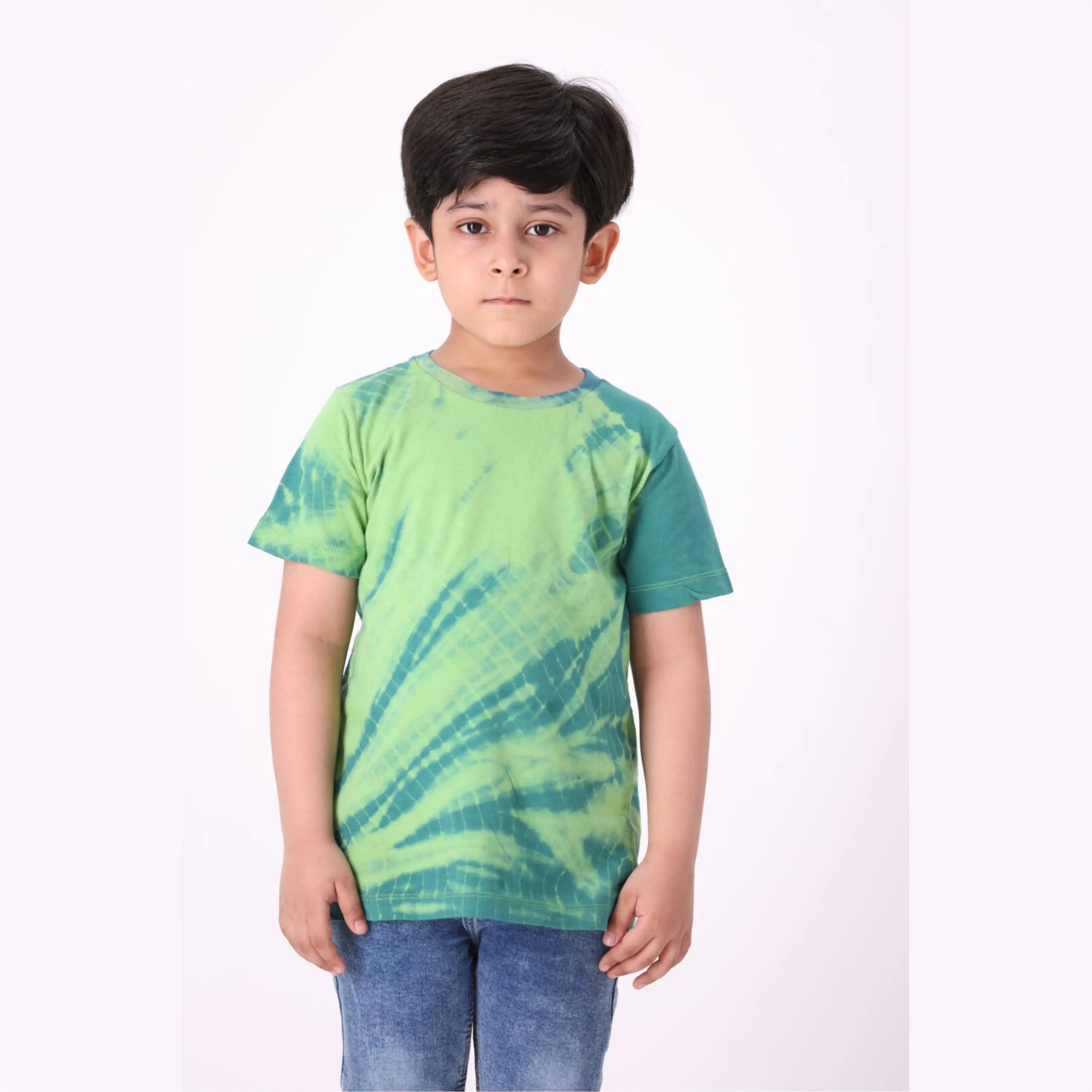 100% Knitted Pure Cotton Fabric Regular Length Round Neck Half Sleeves Khaki Tie and Dye T Shirt for Boys
