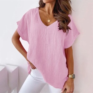 女性用ホワイトパフォーマンスコットン<span class=keywords><strong>V</strong></span>ネックTシャツ無地半袖ライトルーズフィット長丈プリントパターン