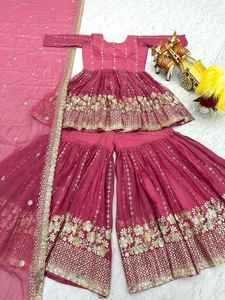 DESIGNER TOP SHARARA SET COM DUPATTA BORDADOS TRABALHO PARTY WEAR COMPLETO COSTADO AMARELO