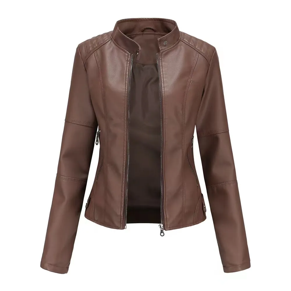 Abrigo de mujer de alta calidad prendas de vestir exteriores estilo de moda nuevo modelo Casual Biker chaqueta cremallera señoras mujeres abrigos chaqueta de cuero y logotipo