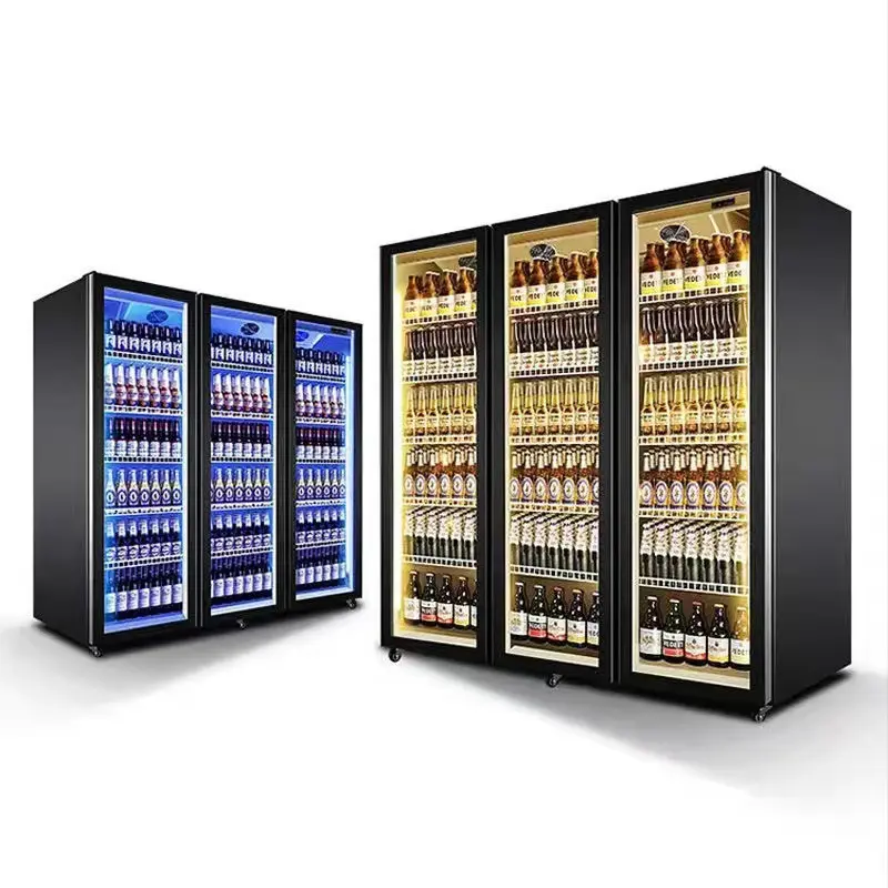 refrigerated supermarket display cabinet 2 glass door beverage beer bottle display freezer air cooled upright chiller