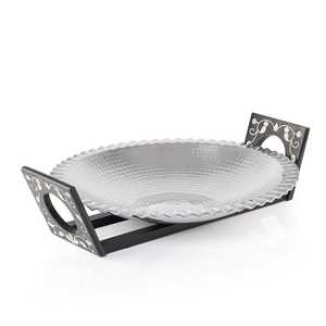 Handmade Hammered Aluminium <strong>Silver</strong> <strong>Plated</strong> Serving <strong>Tray</strong> Bowl Platter With Wooden Natural Finished Base for Fruits Dates Serving - Product Image 5