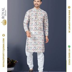 <strong>Designer</strong> Latest <strong>Kurta</strong> Round <strong>Neck</strong> Collar with Simple Sequence Work Mens <strong>Kurta</strong> Pajama Set Wholesale Cheap Rate Surat - Product Image 1