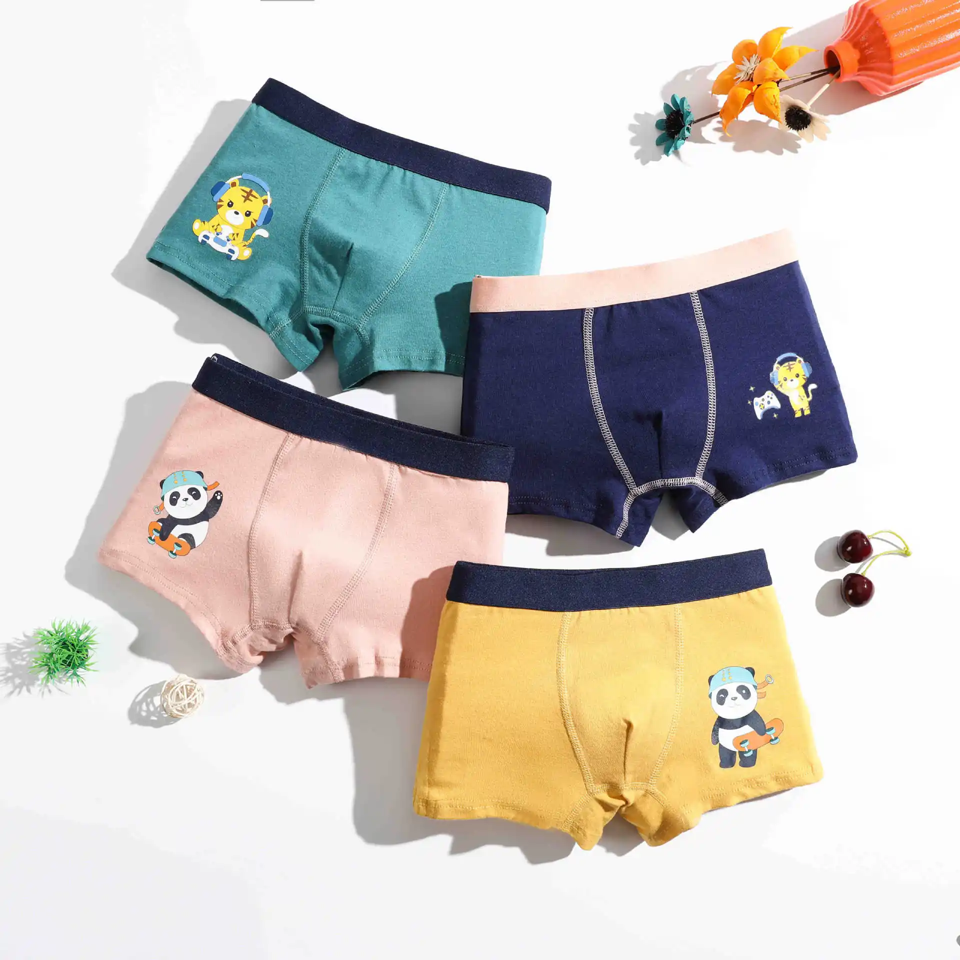 Cueca boxer para crianças, roupa íntima de algodão puro respirável