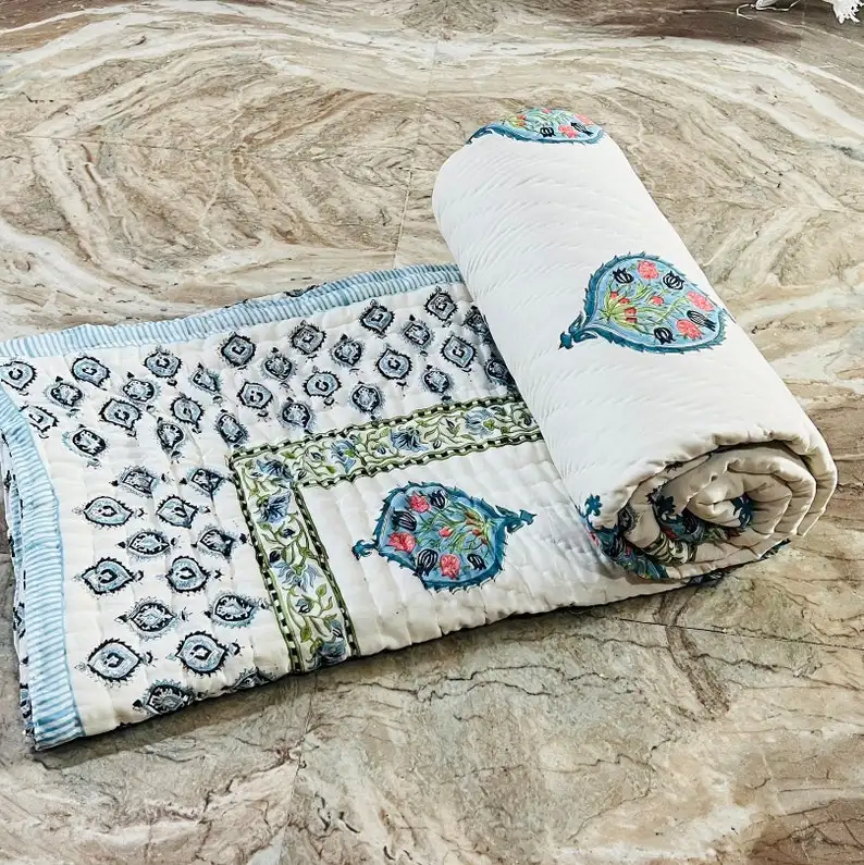 Jaipuri-Couette imprimée en coton razai réversible, couette à fleurs faite à la main