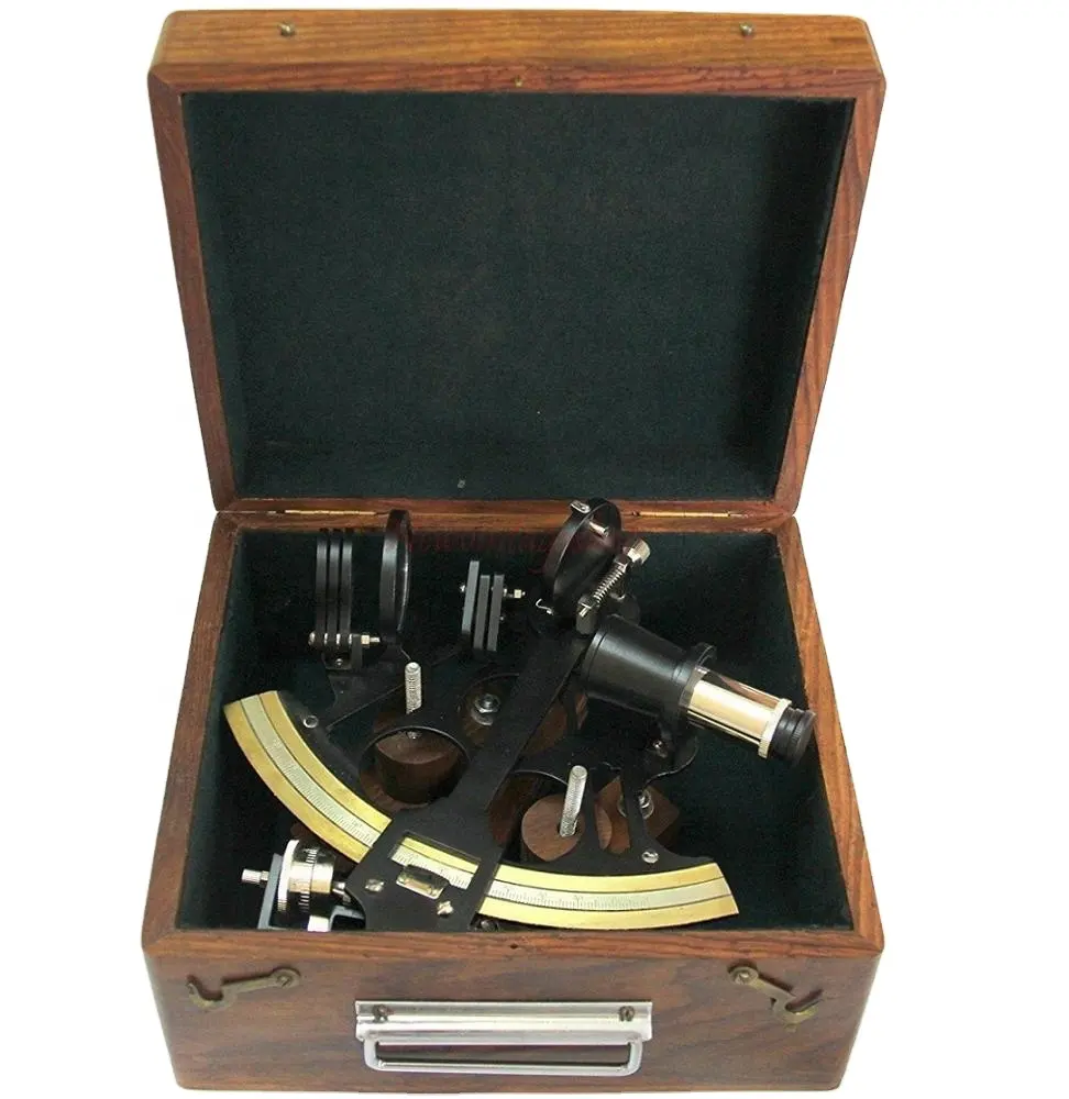 Antico Vintage in ottone massiccio Navy ship 7 pollici in ottone micrometro Sextant nautico con scatola di legno decorazioni per la casa sextant CHSEX10009