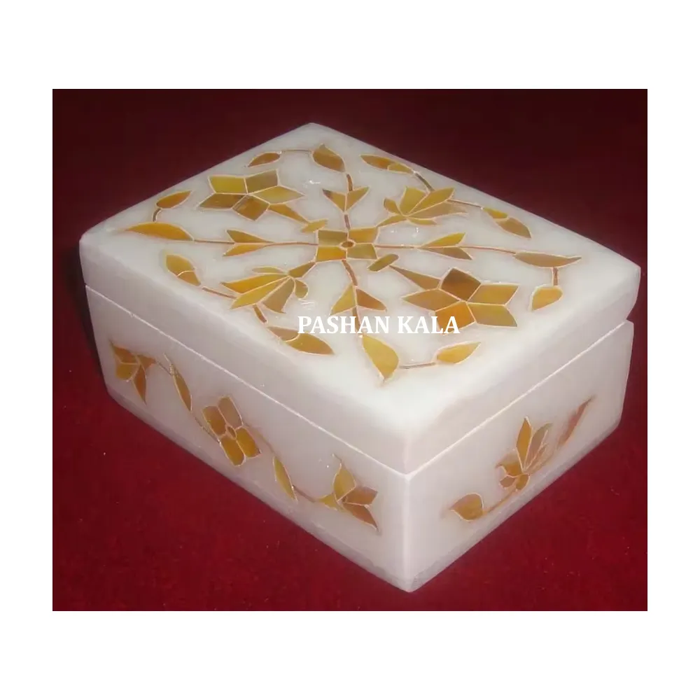 Beautiful Pure White Marble Golden Inlay Mother Of Pearl Jewelry Storage And Dry Fruit Box For Manufacturing Indian Designer