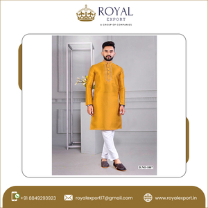 皇家出口的男式传统服装科里安丝绸和Resham工作脖子图案<span class=keywords><strong>Kurta</strong></span>睡衣系列