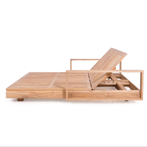 Samara Teak Massivholz Outdoor Doppel Sonnen liege mit Armlehne in natürlichem Finish und weißer Stoff Täuschung für den Außenbereich