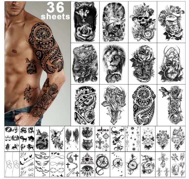 Pegatinas de tatuajes temporales para hombres y mujeres, 12 hojas, cuerpo, brazo, pecho, hombro, 24 hojas pequeñas, color negro, 36 hojas