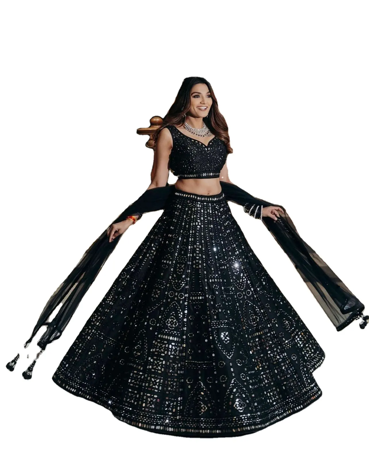 Estilo Bollywood Lehenga Choli Preto Choli Desgaste Do Partido Extravagante Lehenga Choli Moderno Lehenga