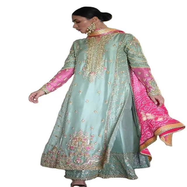 Salwar Kameez takım tasarımcı hint pakistanlı yeni trend elbise boyun işlemeli baskılı elbise