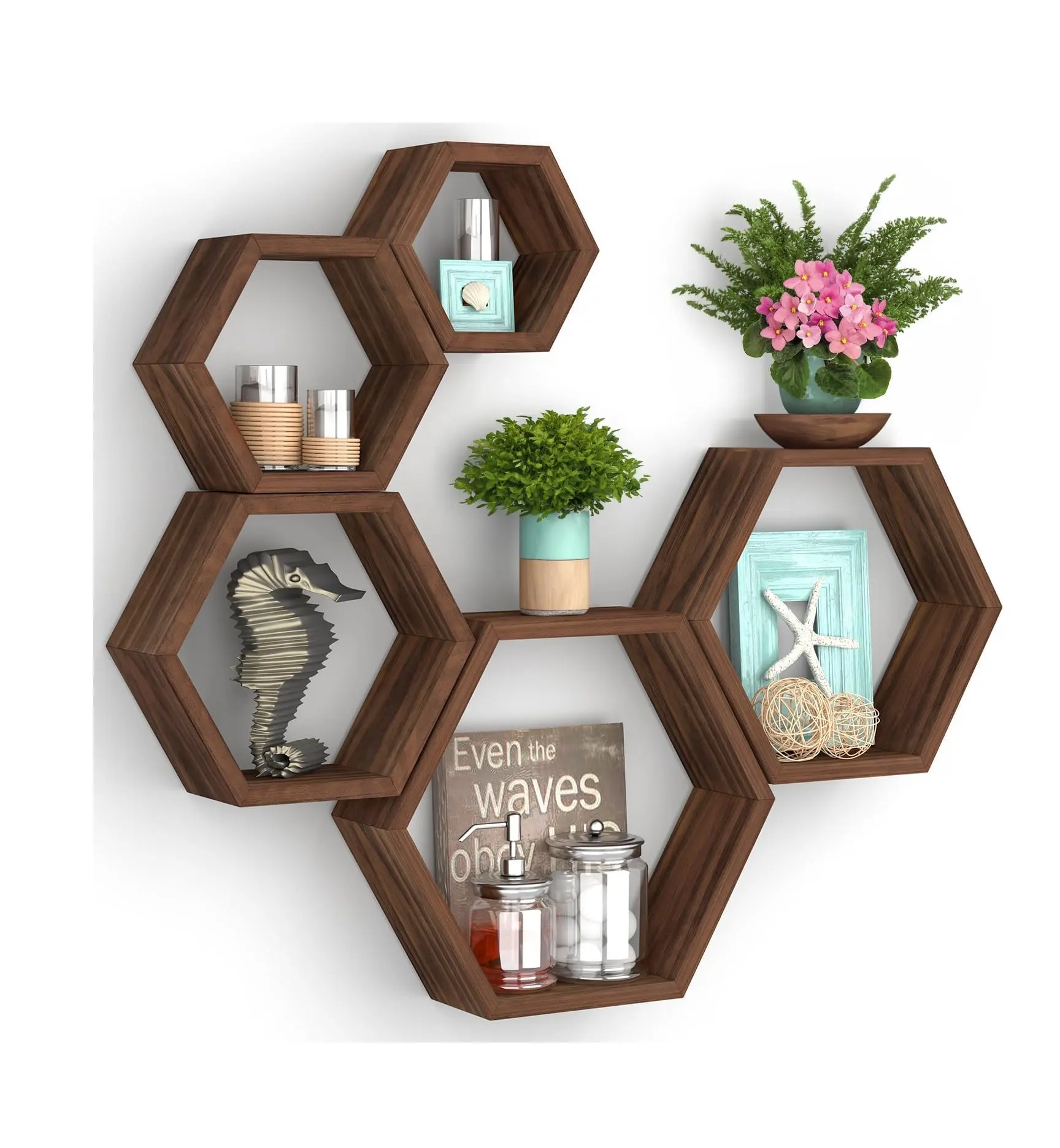 Hexagon Floating Shelves Wall Mounted Wood Farmhouse Storage Set of 5 Hexagon Shelves Wall Home Decor for Kitchen Bedroom