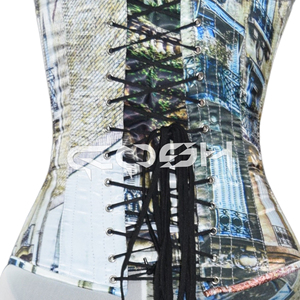 Overbust steelboned thời trang và tập thể dục mặc Eiffel tháp in satin Corset với phía trước busk đóng cửa, Corset Nhà cung cấp - Product Image 2