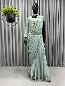 苏拉特最新设计师服装人造乔其纱线工作纱丽和夹克衬衫