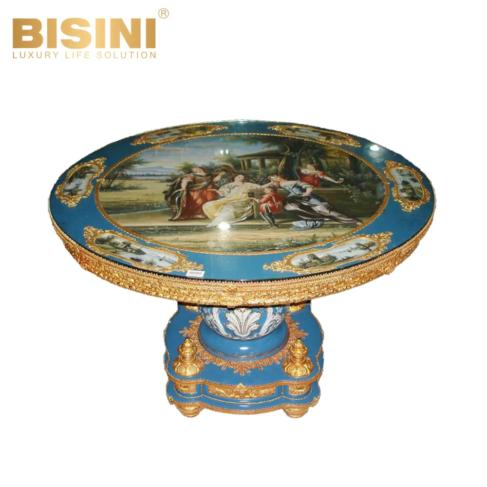 Mesa de comedor redonda de estilo barroco francés, porcelana Noble de palacio real azul de cobre, pintura a mano, casa de Aristogatos