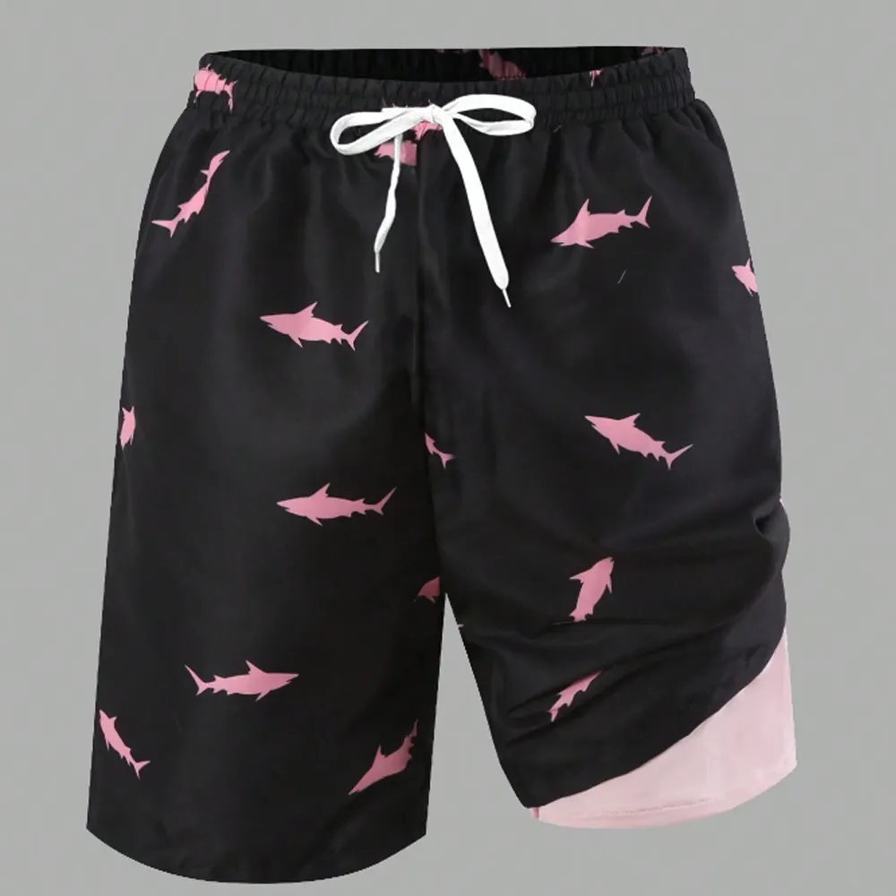 Pantaloncini da spiaggia Multicolor in stile vacanza da uomo con stampa di piccoli squali-tessuto Non elasticizzato per un comodo abbigliamento da spiaggia