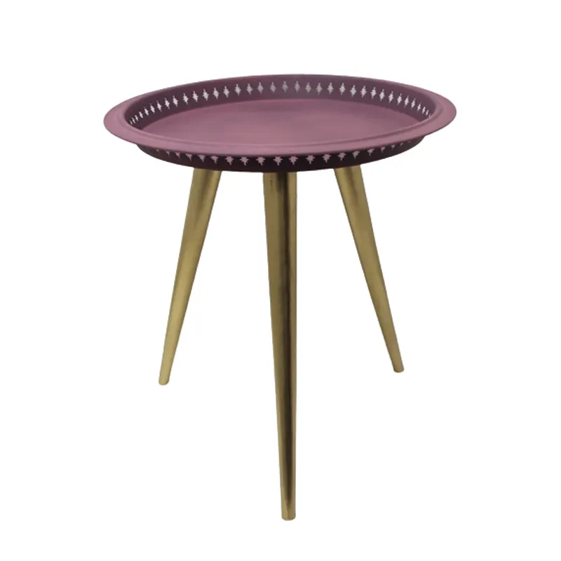 Table d'appoint ronde en fer avec plaque violette sur 3 pieds Texture légère couleur or meubles de salon d'extérieur accessoires d'artisans
