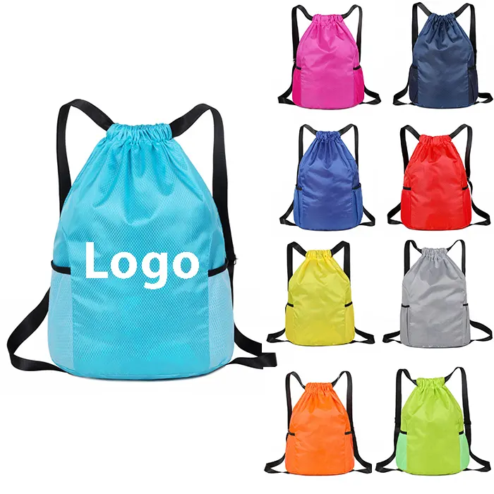कस्टम लोगो नायलॉन ड्रा स्ट्रिंग बैग पूर्ण रंग बैकपैक पुनर्नवीनीकरण वाटरप्रूफ 210d पॉलिएस्टर ड्रॉस्ट्रिंग बैग जिपर जेब जेब के साथ